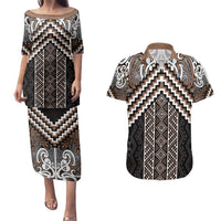 Maori Tukutuku Taniko Motifs Couples Matching Puletasi and Hawaiian Shirt Brown Poutama Mix Kowhaiwhai