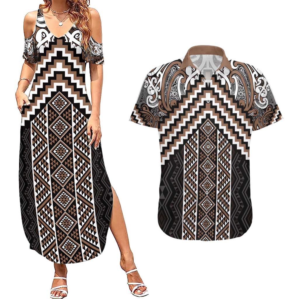 Maori Tukutuku Taniko Motifs Couples Matching Summer Maxi Dress and Hawaiian Shirt Brown Poutama Mix Kowhaiwhai