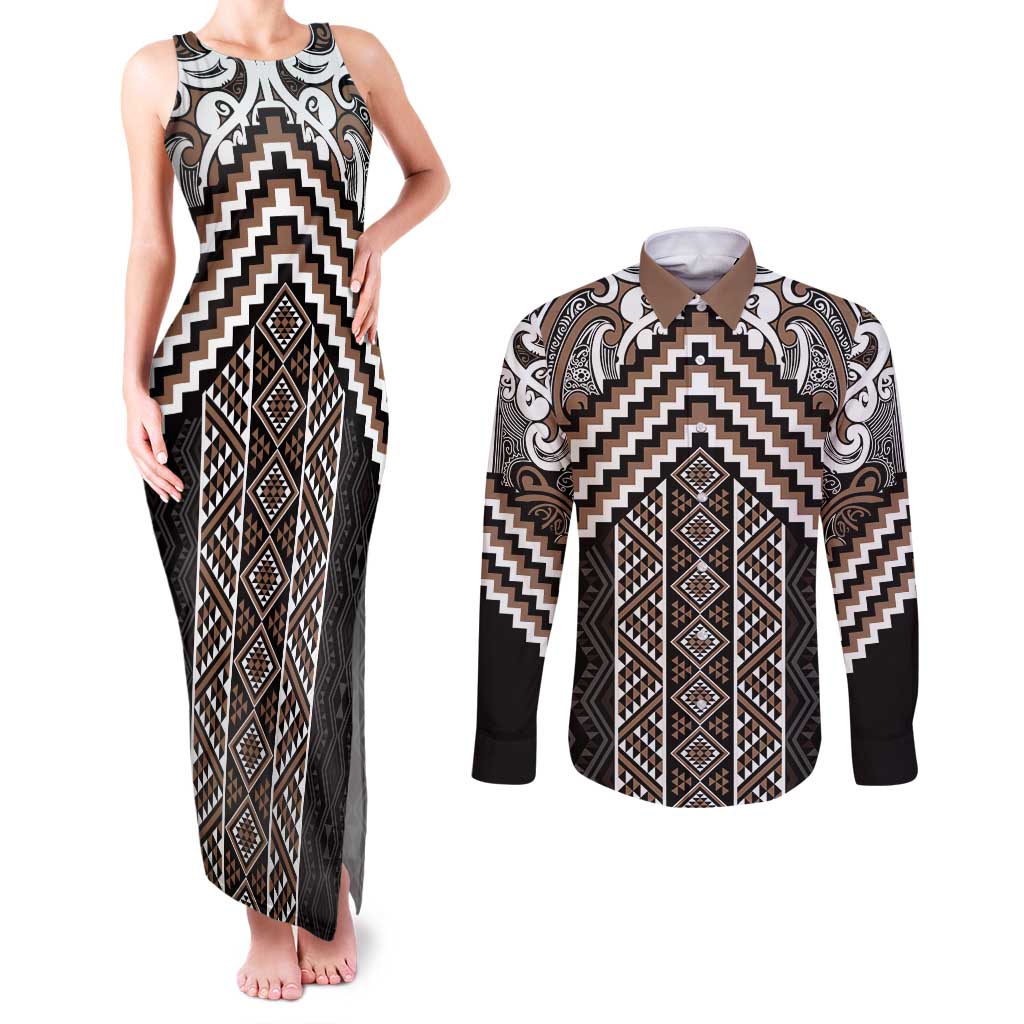 Maori Tukutuku Taniko Motifs Couples Matching Tank Maxi Dress and Long Sleeve Button Shirt Brown Poutama Mix Kowhaiwhai LT7 Brown - Polynesian Pride