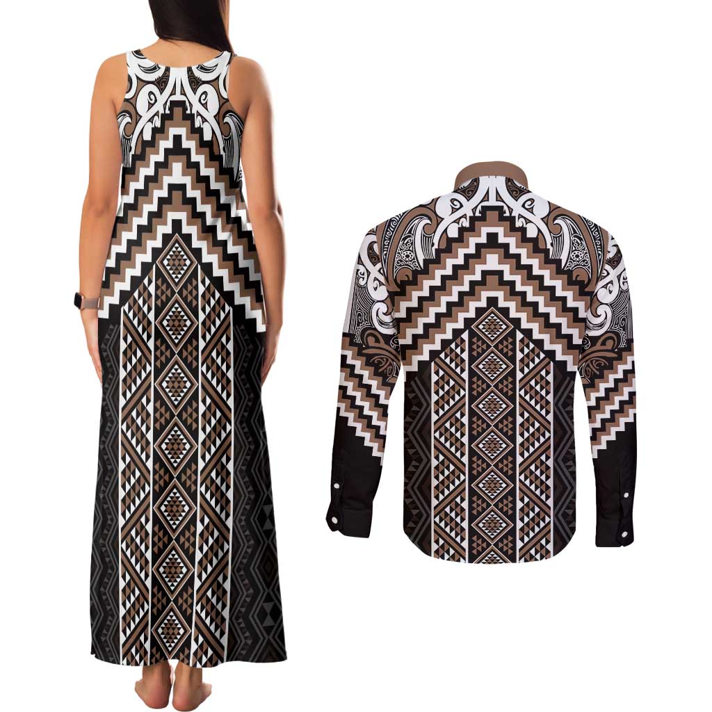 Maori Tukutuku Taniko Motifs Couples Matching Tank Maxi Dress and Long Sleeve Button Shirt Brown Poutama Mix Kowhaiwhai LT7 - Polynesian Pride