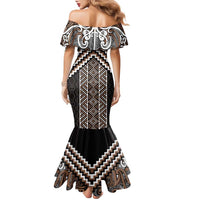 Maori Tukutuku Taniko Motifs Family Matching Mermaid Dress and Hawaiian Shirt Brown Poutama Mix Kowhaiwhai