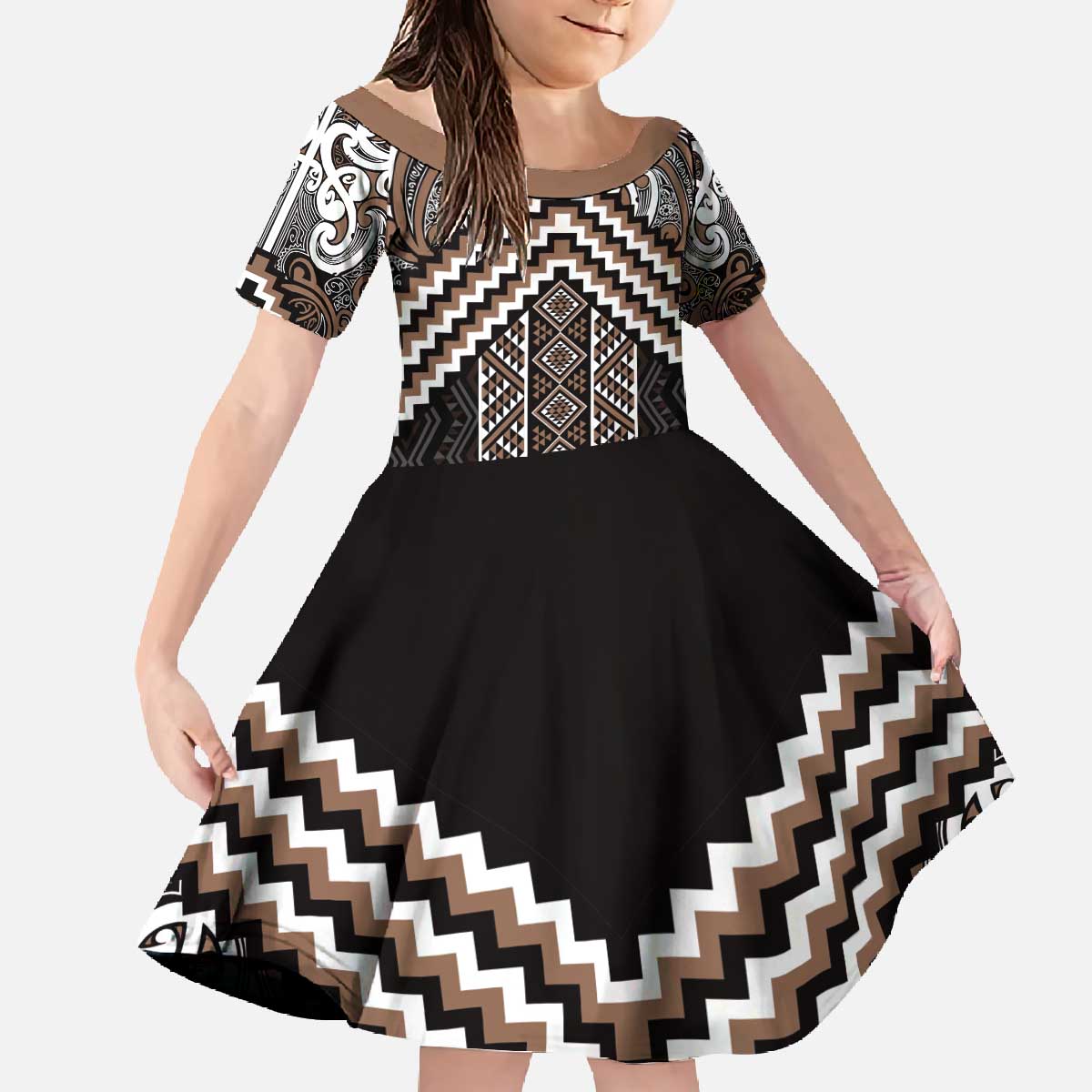 Maori Tukutuku Taniko Motifs Family Matching Off The Shoulder Long Sleeve Dress and Hawaiian Shirt Brown Poutama Mix Kowhaiwhai