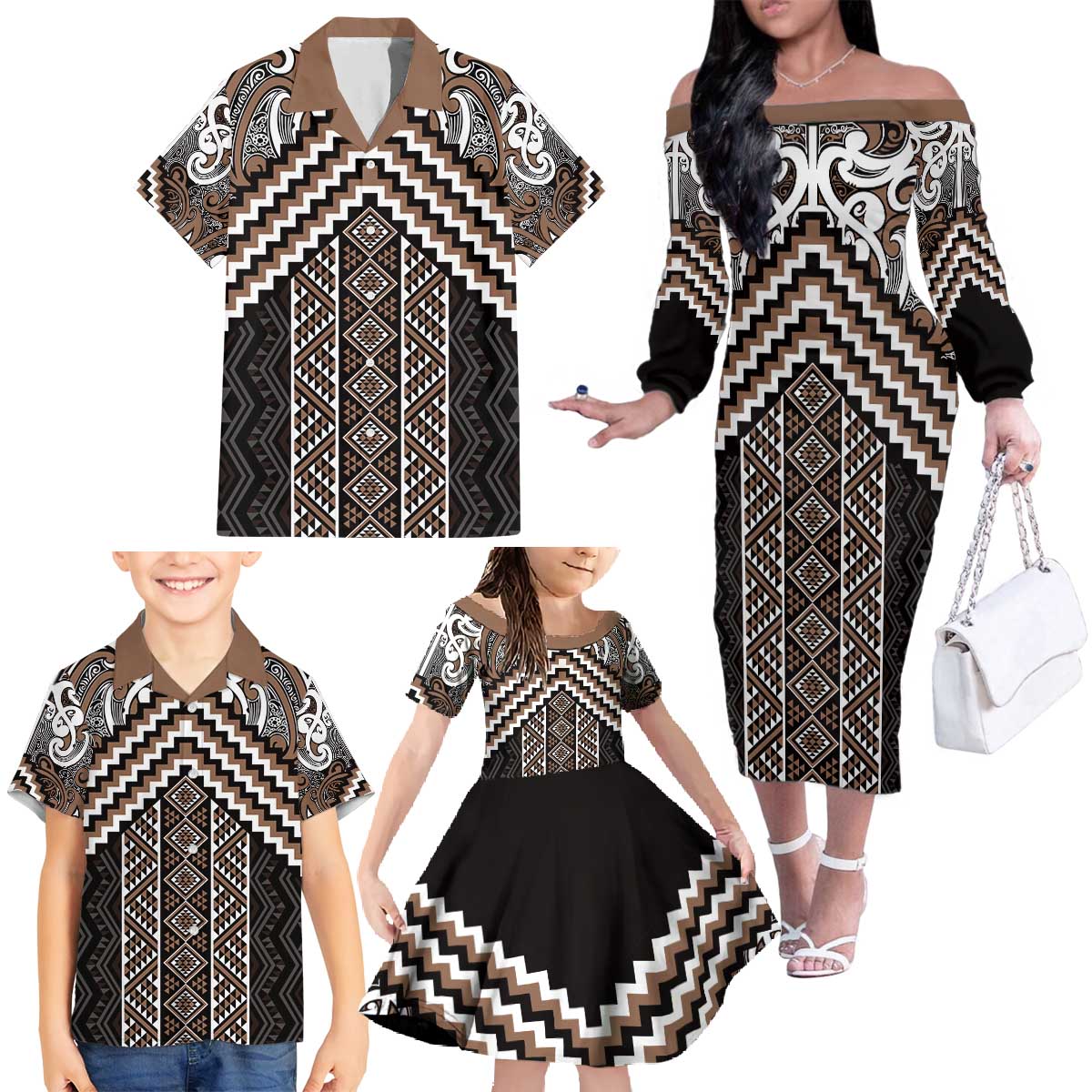 Maori Tukutuku Taniko Motifs Family Matching Off The Shoulder Long Sleeve Dress and Hawaiian Shirt Brown Poutama Mix Kowhaiwhai