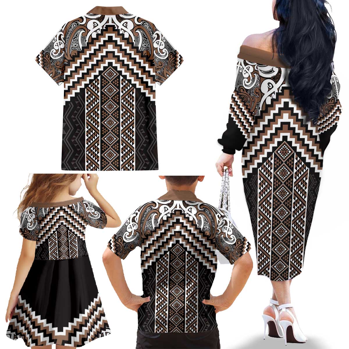 Maori Tukutuku Taniko Motifs Family Matching Off The Shoulder Long Sleeve Dress and Hawaiian Shirt Brown Poutama Mix Kowhaiwhai