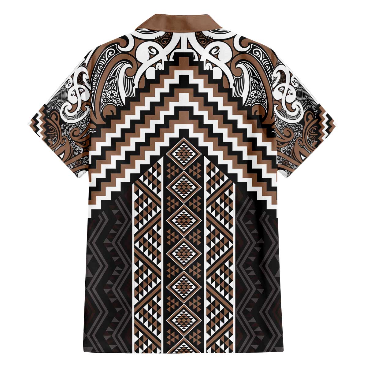 Maori Tukutuku Taniko Motifs Family Matching Off The Shoulder Long Sleeve Dress and Hawaiian Shirt Brown Poutama Mix Kowhaiwhai