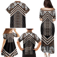 Maori Tukutuku Taniko Motifs Family Matching Puletasi and Hawaiian Shirt Brown Poutama Mix Kowhaiwhai