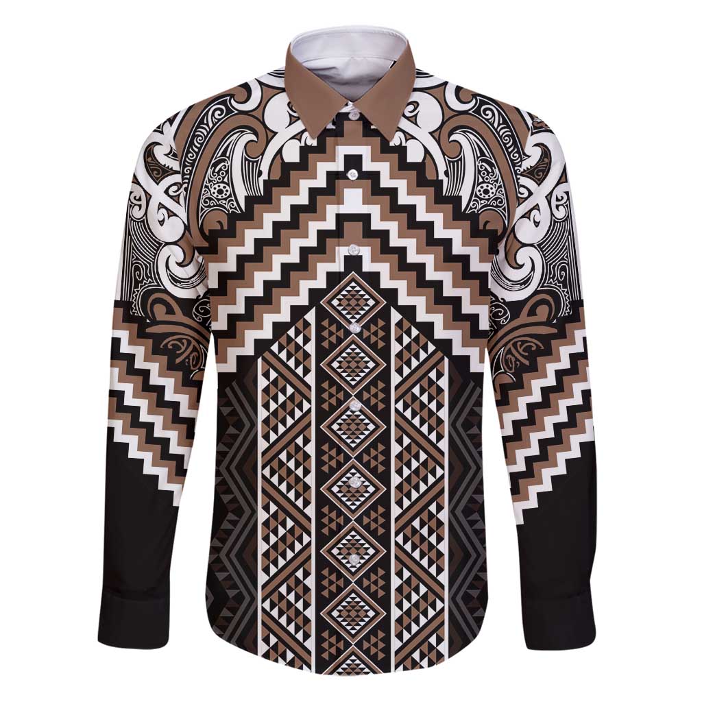 Maori Tukutuku Taniko Motifs Family Matching Puletasi and Hawaiian Shirt Brown Poutama Mix Kowhaiwhai