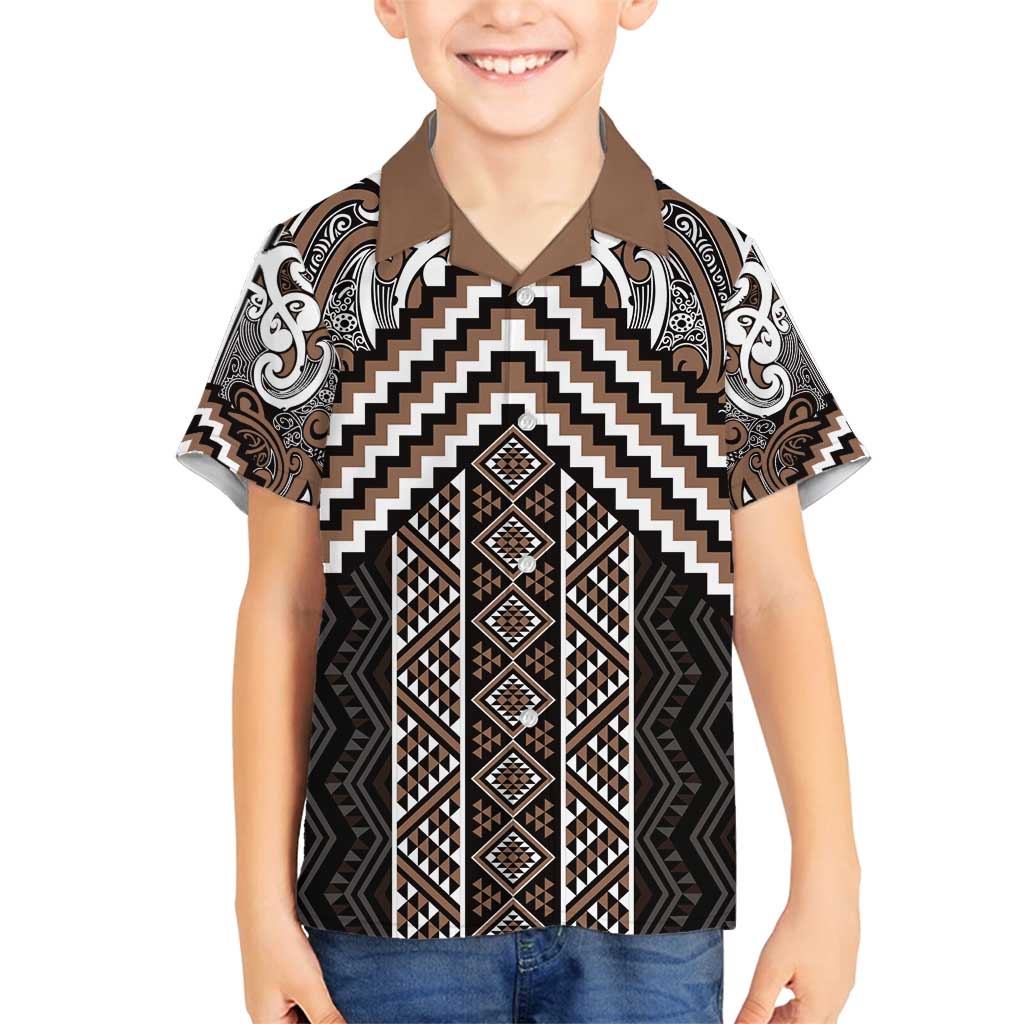 Maori Tukutuku Taniko Motifs Family Matching Puletasi and Hawaiian Shirt Brown Poutama Mix Kowhaiwhai