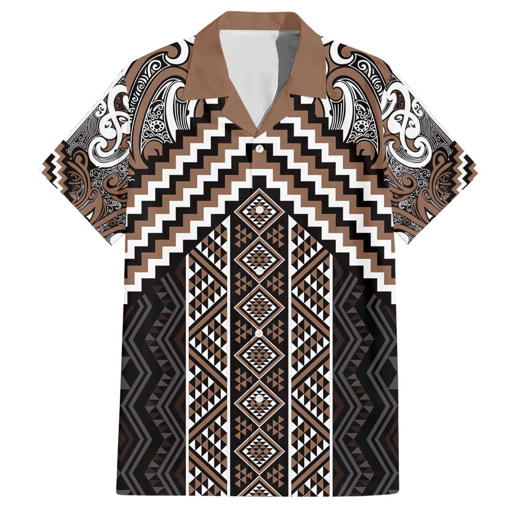 Maori Tukutuku Taniko Motifs Family Matching Short Sleeve Bodycon Dress and Hawaiian Shirt Brown Poutama Mix Kowhaiwhai