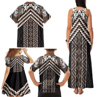 Maori Tukutuku Taniko Motifs Family Matching Tank Maxi Dress and Hawaiian Shirt Brown Poutama Mix Kowhaiwhai