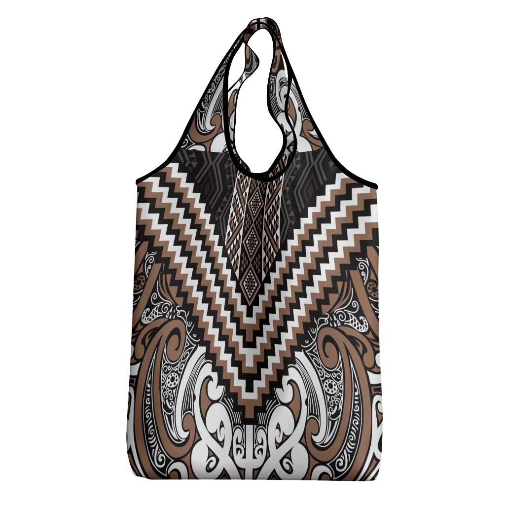 Maori Tukutuku Taniko Motifs Grocery Bag Brown Poutama Mix Kowhaiwhai