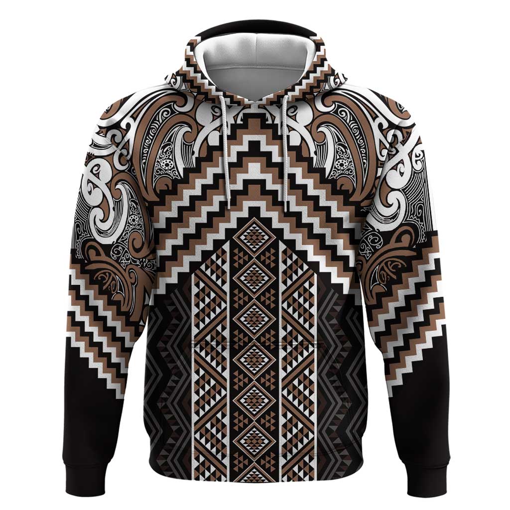 Maori Tukutuku Taniko Motifs Hoodie Brown Poutama Mix Kowhaiwhai