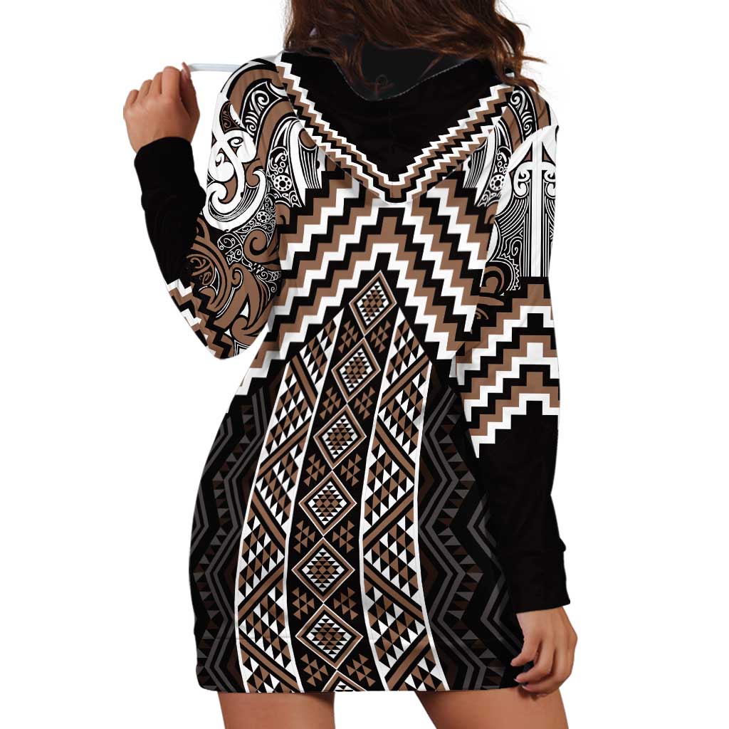 Maori Tukutuku Taniko Motifs Hoodie Dress Brown Poutama Mix Kowhaiwhai
