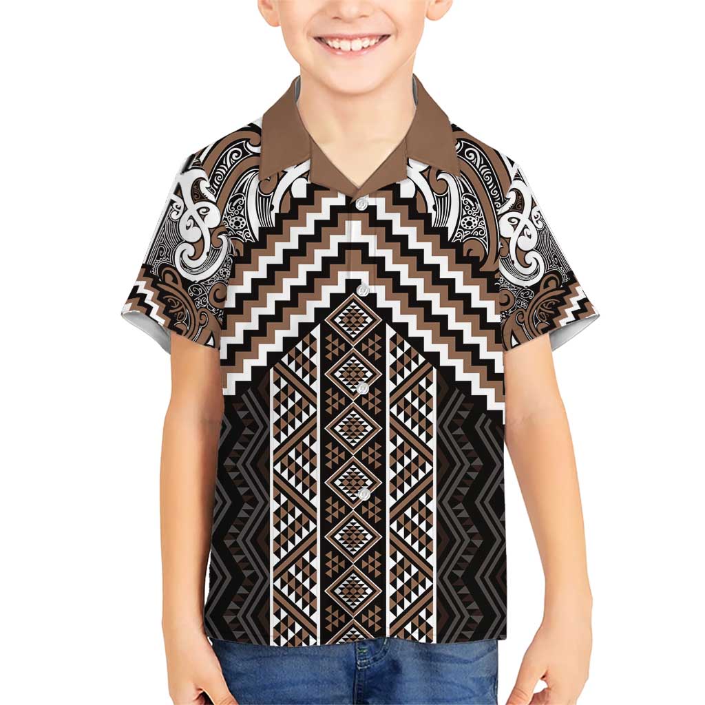 Maori Tukutuku Taniko Motifs Kid Hawaiian Shirt Brown Poutama Mix Kowhaiwhai