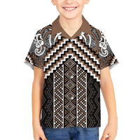Maori Tukutuku Taniko Motifs Kid Hawaiian Shirt Brown Poutama Mix Kowhaiwhai