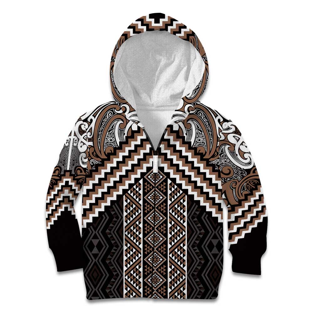 Maori Tukutuku Taniko Motifs Kid Hoodie Brown Poutama Mix Kowhaiwhai