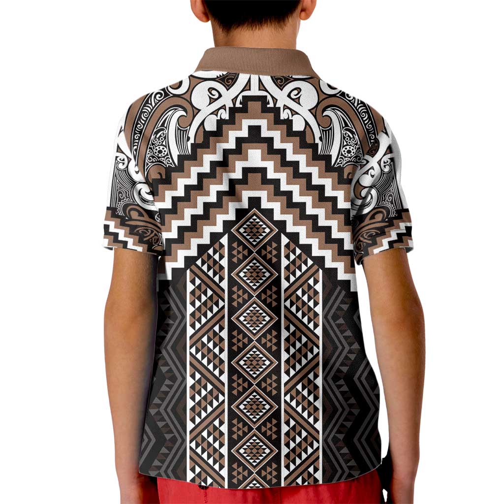 Maori Tukutuku Taniko Motifs Kid Polo Shirt Brown Poutama Mix Kowhaiwhai