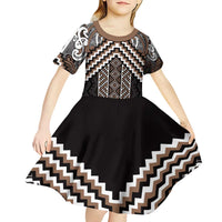 Maori Tukutuku Taniko Motifs Kid Short Sleeve Dress Brown Poutama Mix Kowhaiwhai