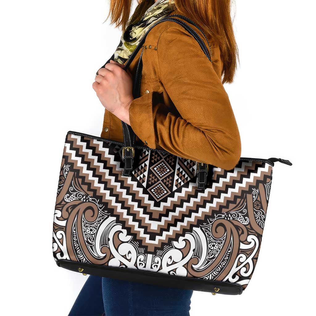 Maori Tukutuku Taniko Motifs Leather Tote Bag Brown Poutama Mix Kowhaiwhai