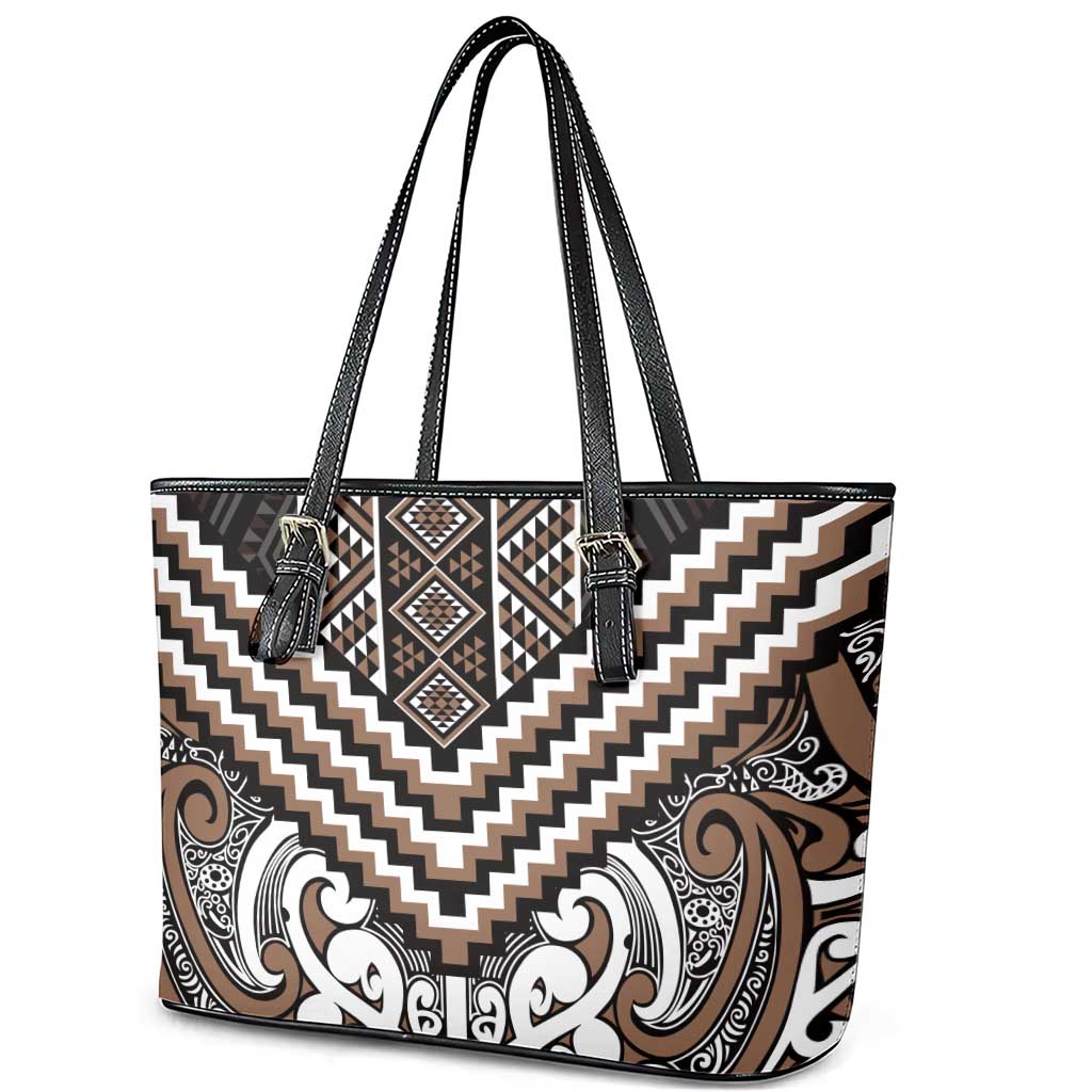 Maori Tukutuku Taniko Motifs Leather Tote Bag Brown Poutama Mix Kowhaiwhai