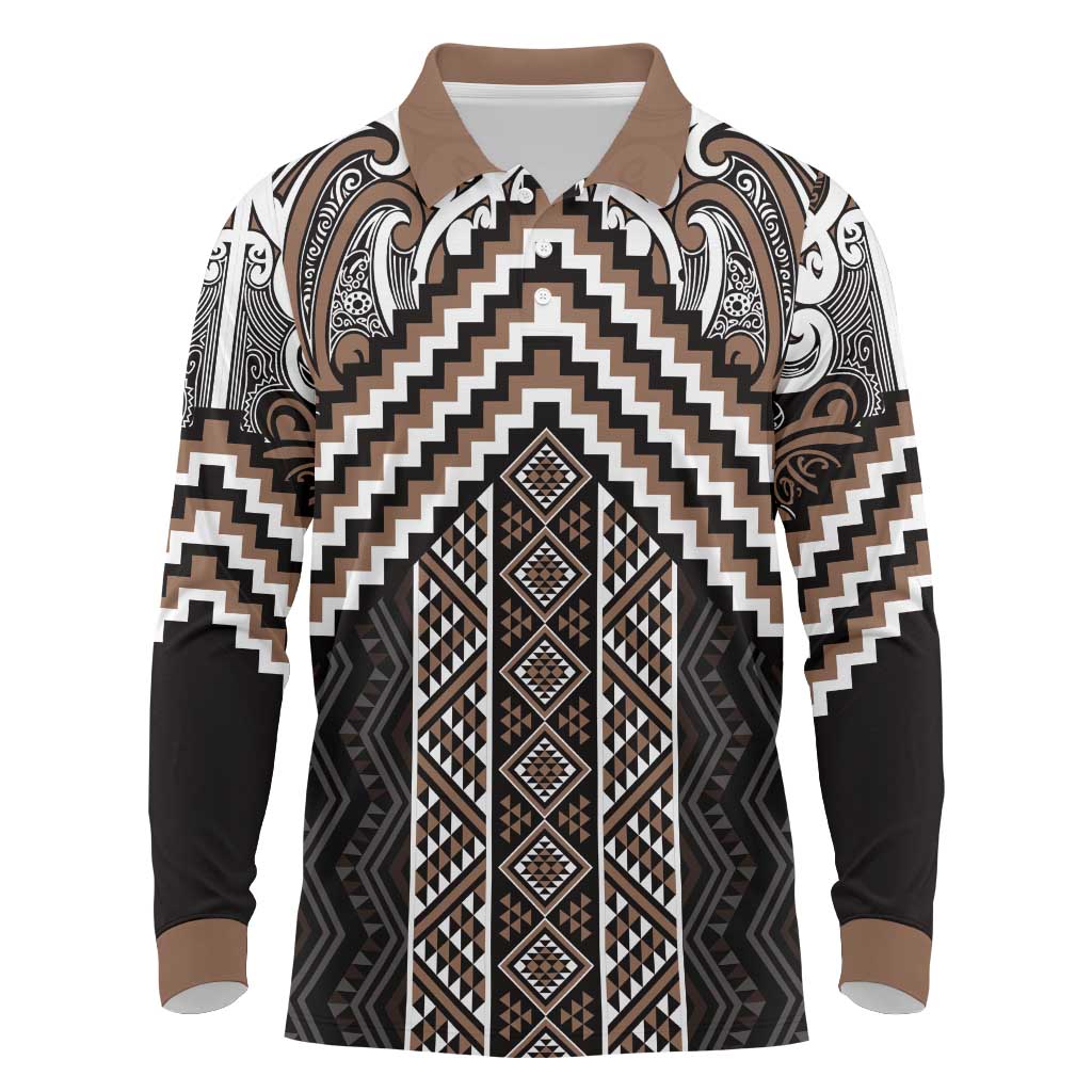 Maori Tukutuku Taniko Motifs Long Sleeve Polo Shirt Brown Poutama Mix Kowhaiwhai