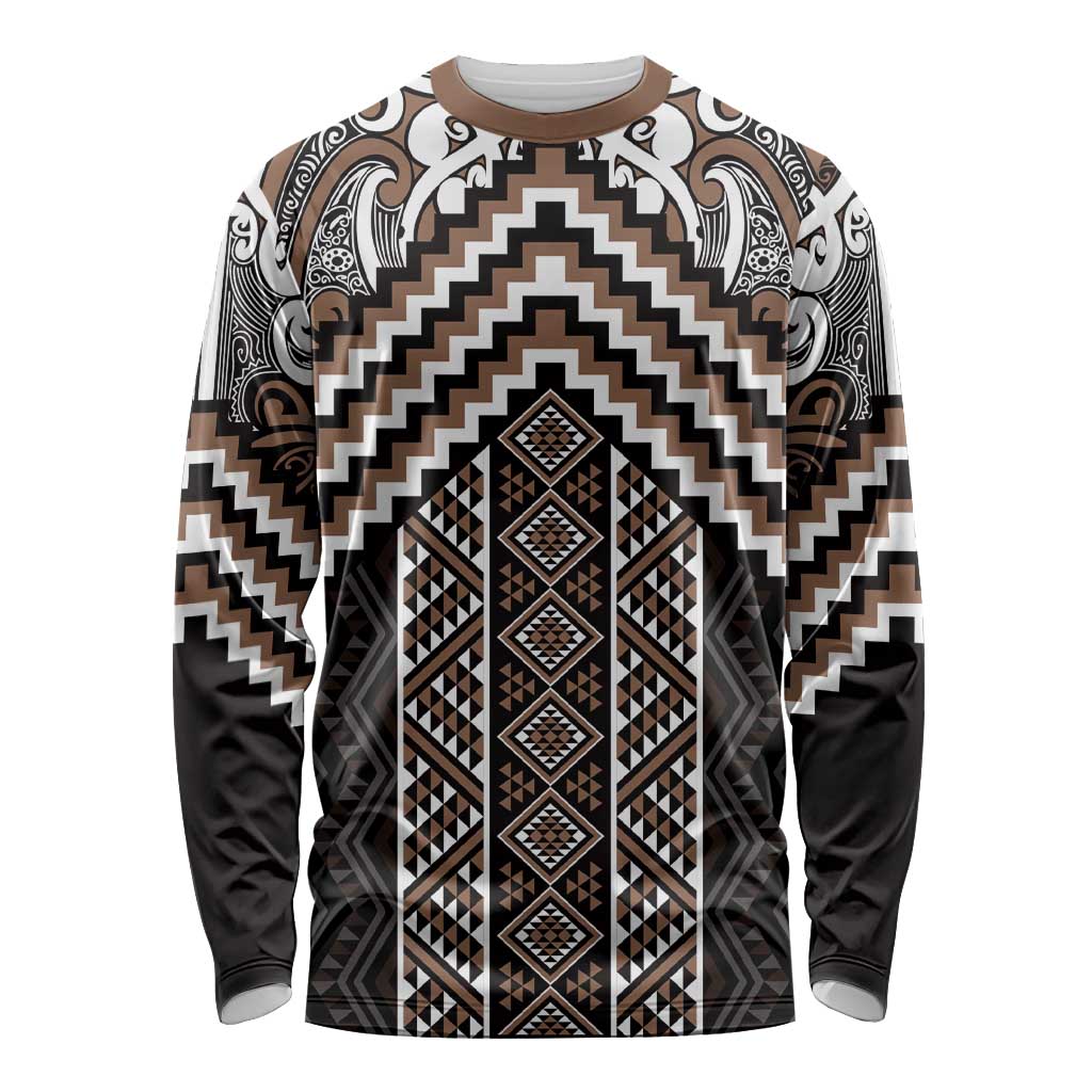 Maori Tukutuku Taniko Motifs Long Sleeve Shirt Brown Poutama Mix Kowhaiwhai