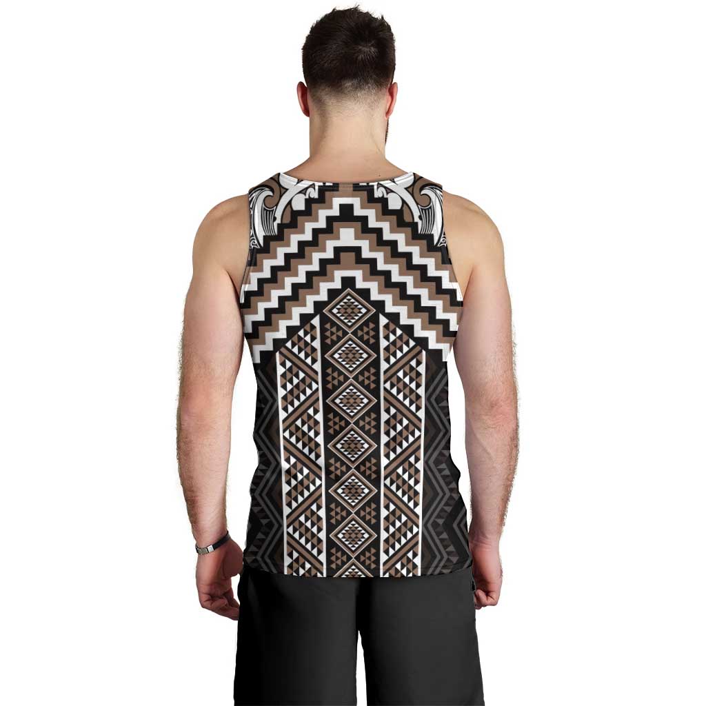 Maori Tukutuku Taniko Motifs Men Tank Top Brown Poutama Mix Kowhaiwhai