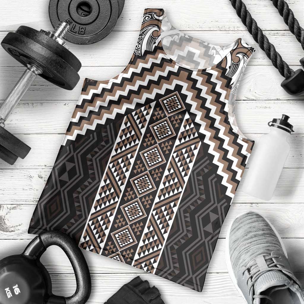 Maori Tukutuku Taniko Motifs Men Tank Top Brown Poutama Mix Kowhaiwhai