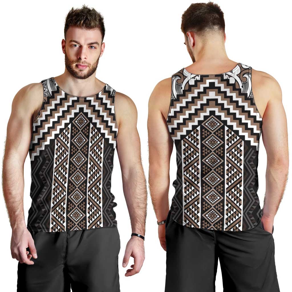 Maori Tukutuku Taniko Motifs Men Tank Top Brown Poutama Mix Kowhaiwhai