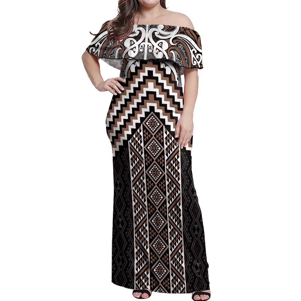 Maori Tukutuku Taniko Motifs Off Shoulder Maxi Dress Brown Poutama Mix Kowhaiwhai