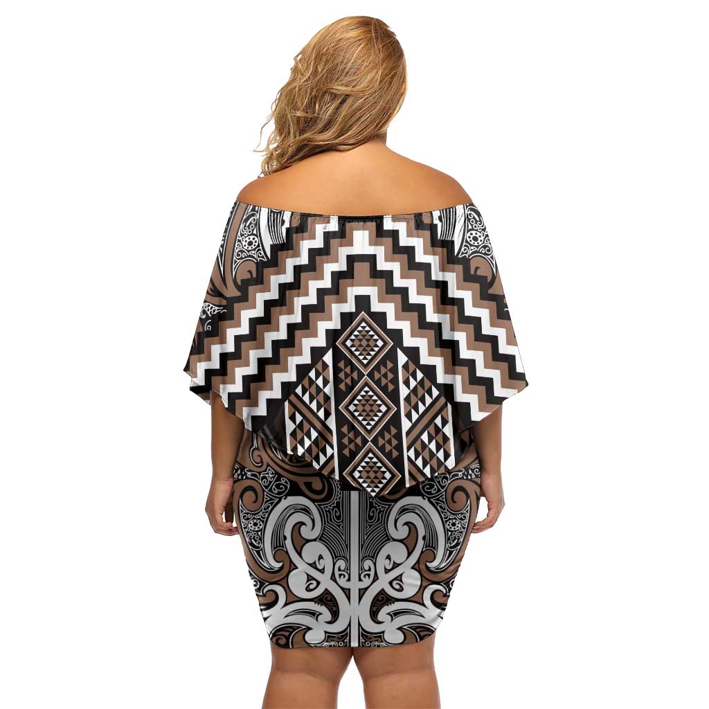 Maori Tukutuku Taniko Motifs Off Shoulder Short Dress Brown Poutama Mix Kowhaiwhai