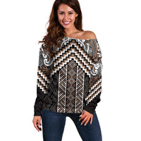 Maori Tukutuku Taniko Motifs Off Shoulder Sweater Brown Poutama Mix Kowhaiwhai