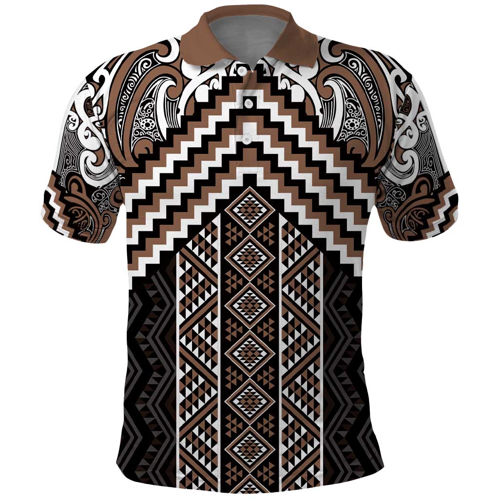 Maori Tukutuku Taniko Motifs Polo Shirt Brown Poutama Mix Kowhaiwhai