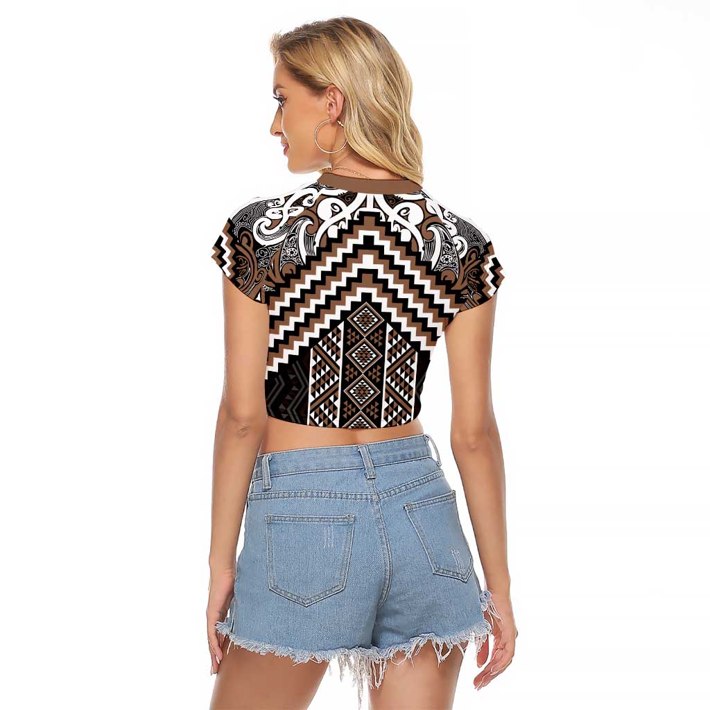 Maori Tukutuku Taniko Motifs Raglan Cropped T Shirt Brown Poutama Mix Kowhaiwhai LT7 - Polynesian Pride