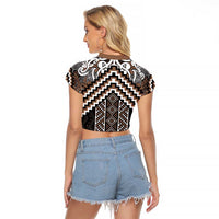 Maori Tukutuku Taniko Motifs Raglan Cropped T Shirt Brown Poutama Mix Kowhaiwhai LT7 - Polynesian Pride