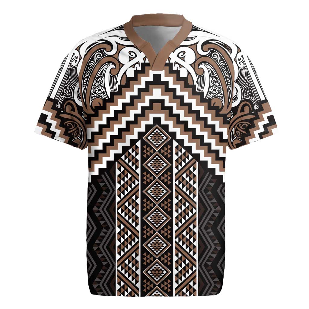 Maori Tukutuku Taniko Motifs Rugby Jersey Brown Poutama Mix Kowhaiwhai