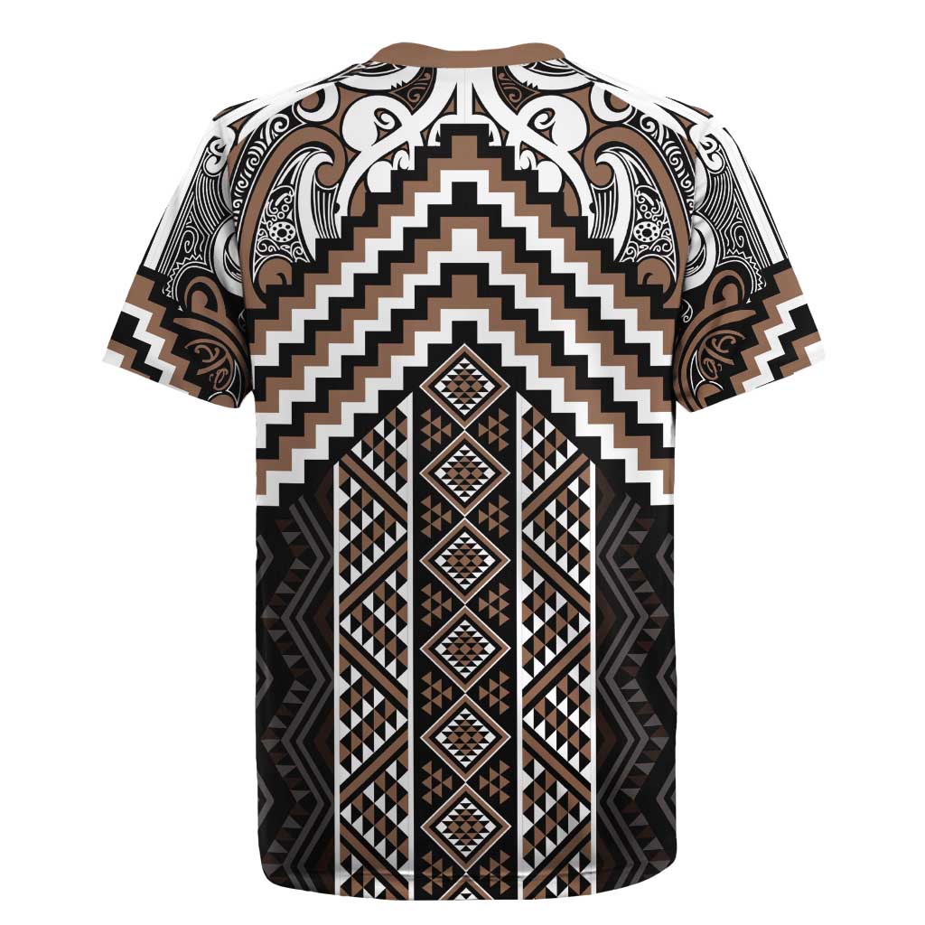 Maori Tukutuku Taniko Motifs Rugby Jersey Brown Poutama Mix Kowhaiwhai