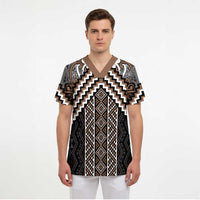 Maori Tukutuku Taniko Motifs Scrub Top Brown Poutama Mix Kowhaiwhai - Polynesian Pride