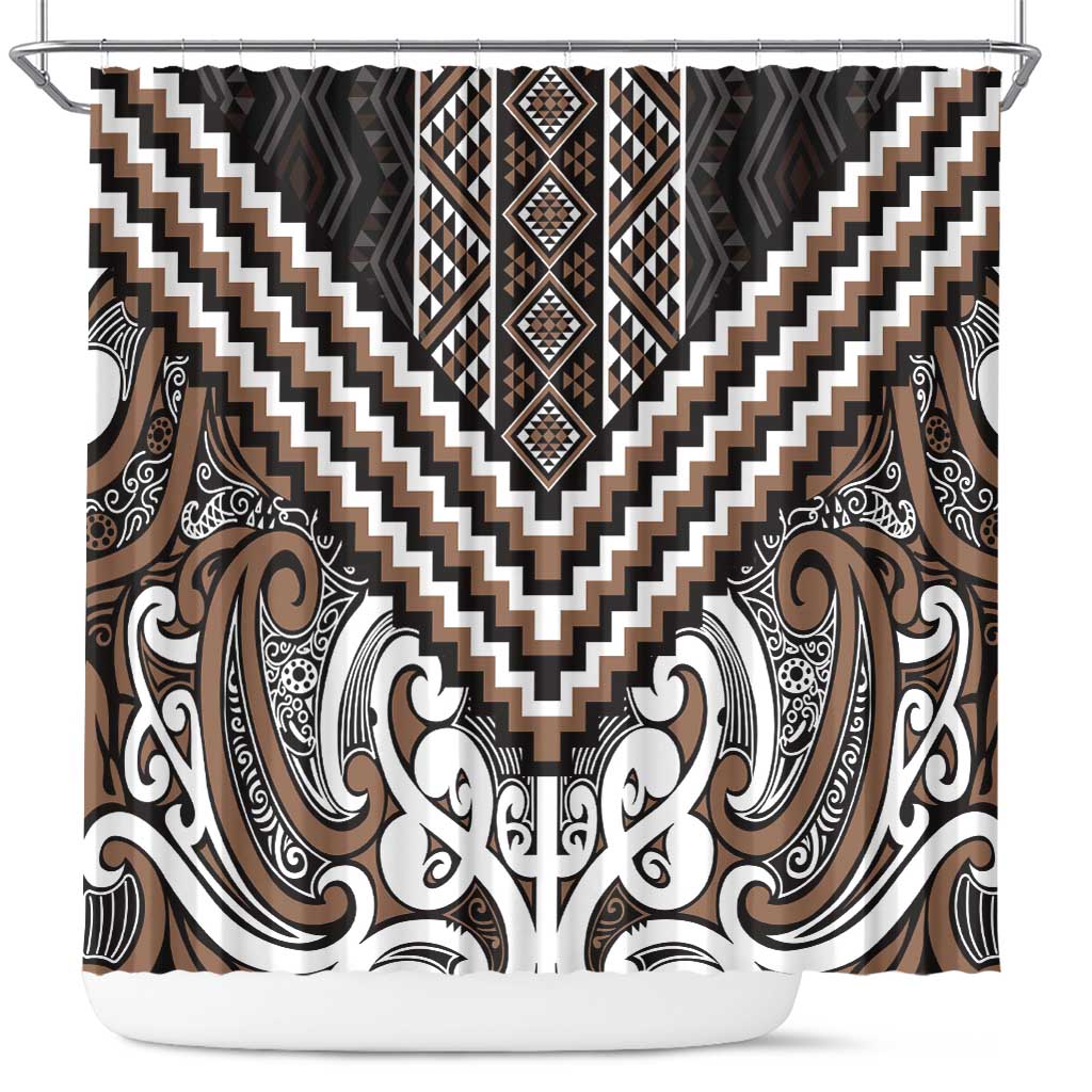 Maori Tukutuku Taniko Motifs Shower Curtain Brown Poutama Mix Kowhaiwhai