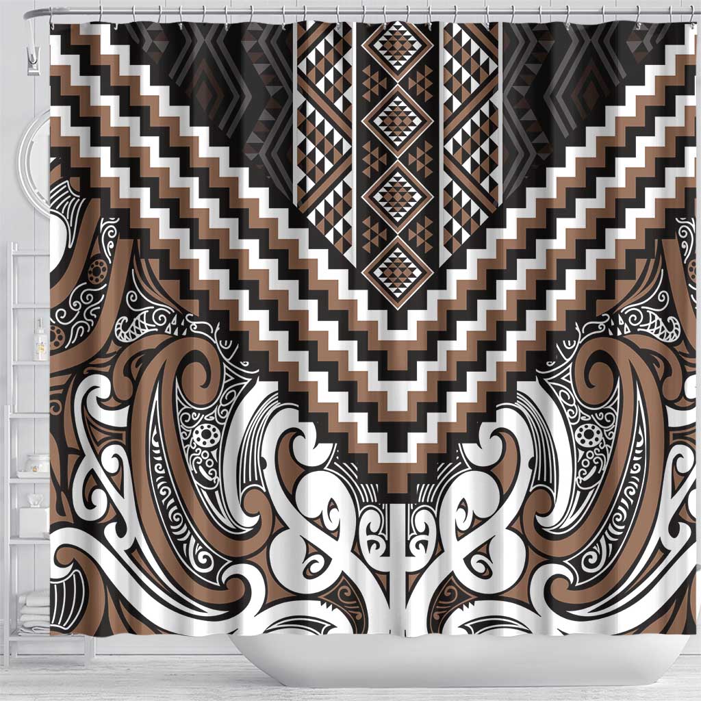 Maori Tukutuku Taniko Motifs Shower Curtain Brown Poutama Mix Kowhaiwhai