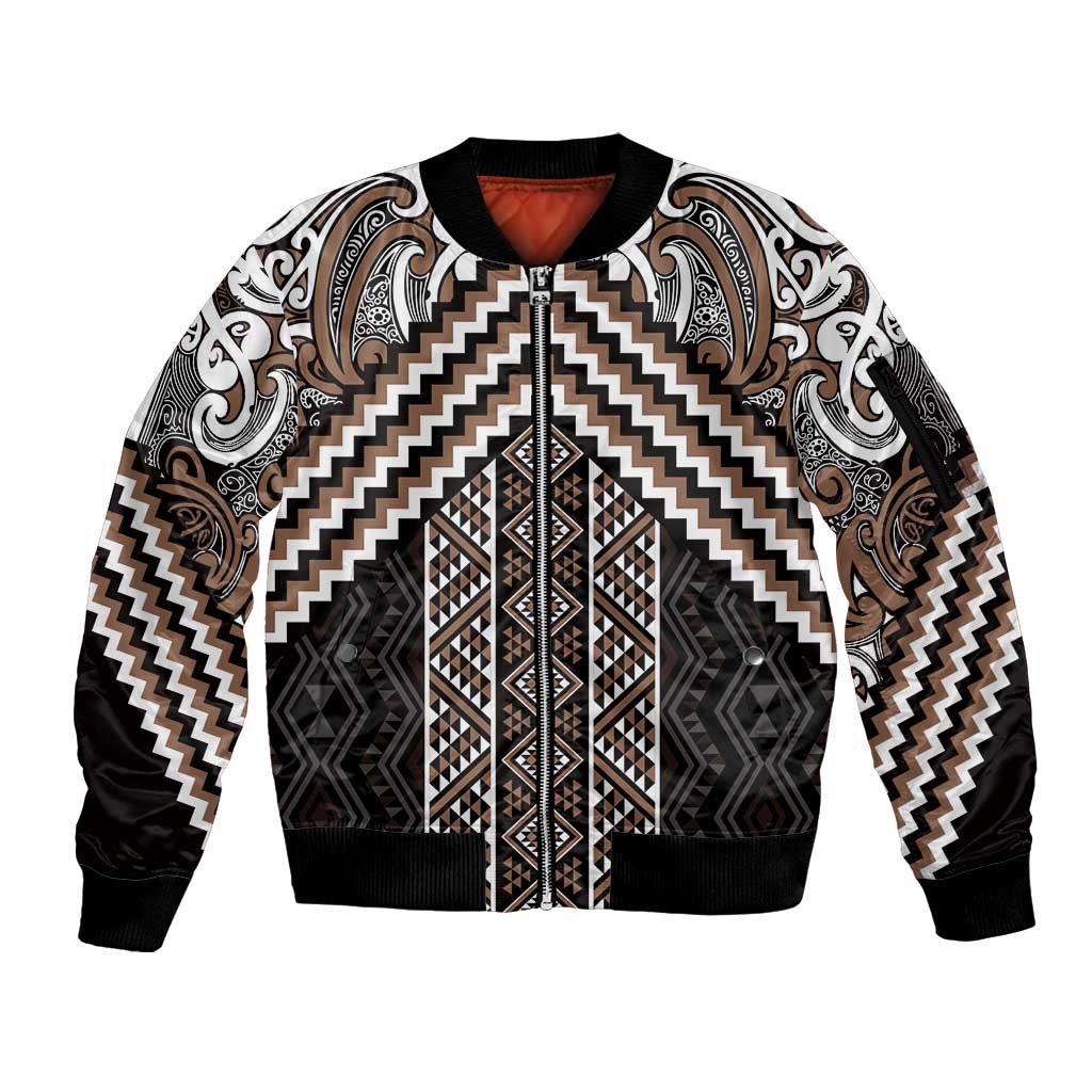 Maori Tukutuku Taniko Motifs Sleeve Zip Bomber Jacket Brown Poutama Mix Kowhaiwhai LT7 Unisex Brown - Polynesian Pride