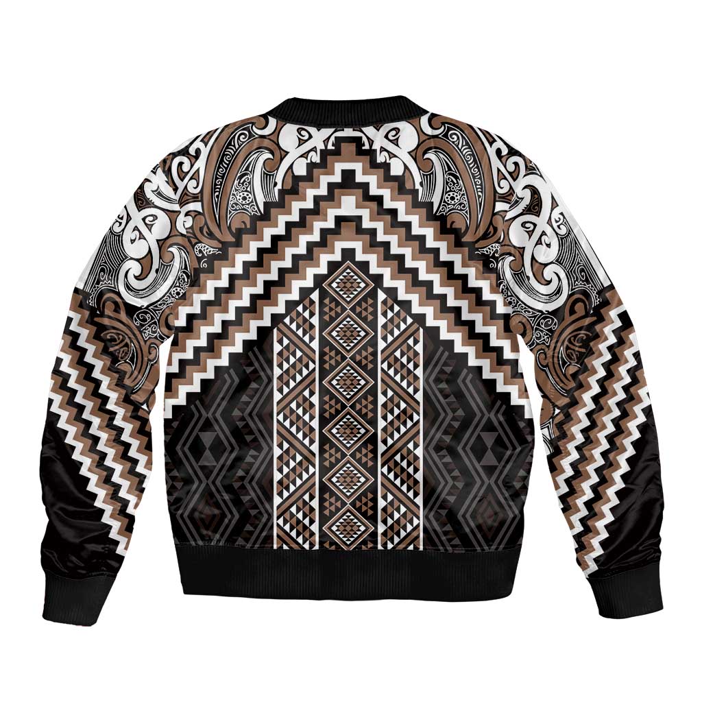Maori Tukutuku Taniko Motifs Sleeve Zip Bomber Jacket Brown Poutama Mix Kowhaiwhai LT7 - Polynesian Pride