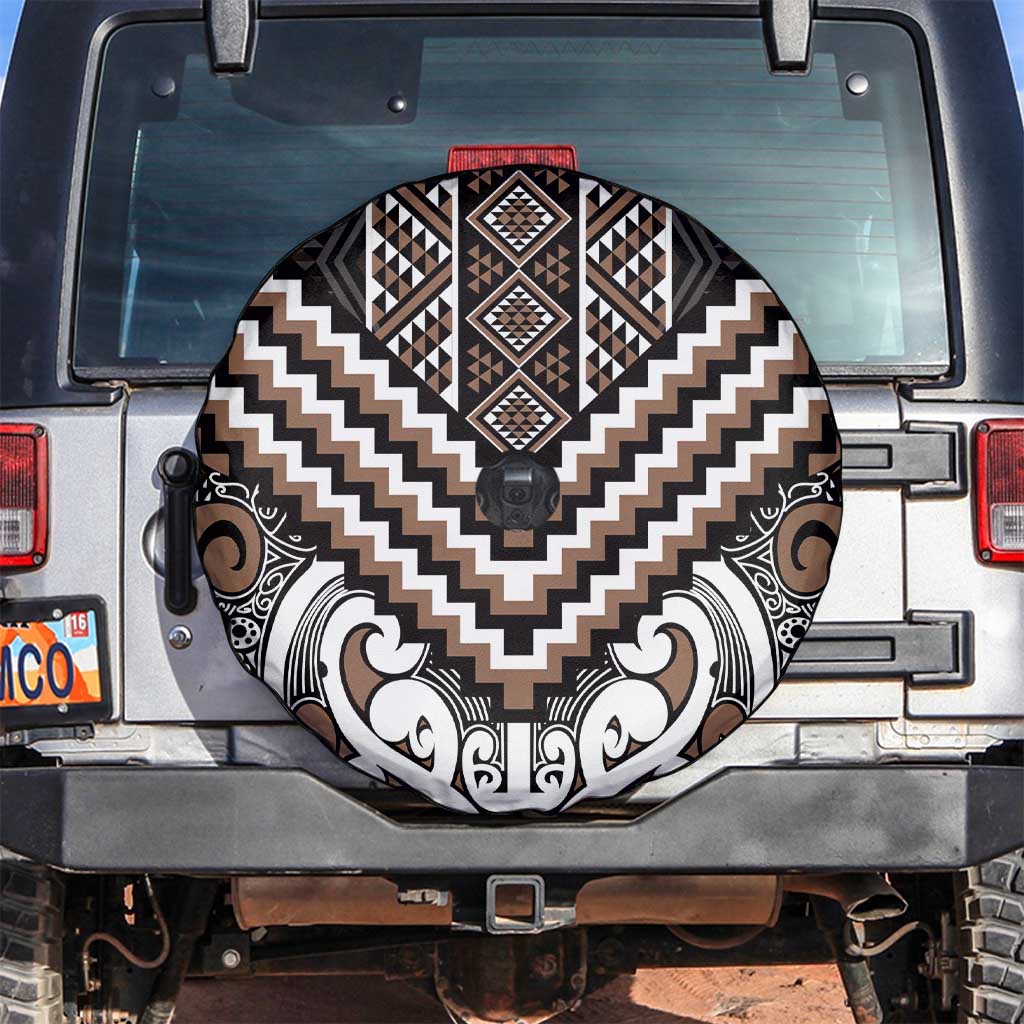 Maori Tukutuku Taniko Motifs Spare Tire Cover Brown Poutama Mix Kowhaiwhai