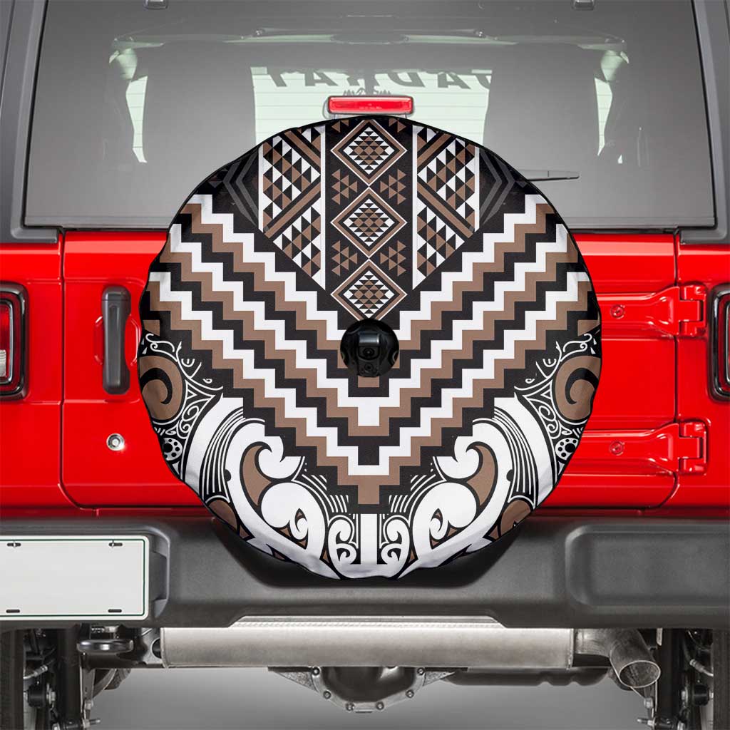 Maori Tukutuku Taniko Motifs Spare Tire Cover Brown Poutama Mix Kowhaiwhai