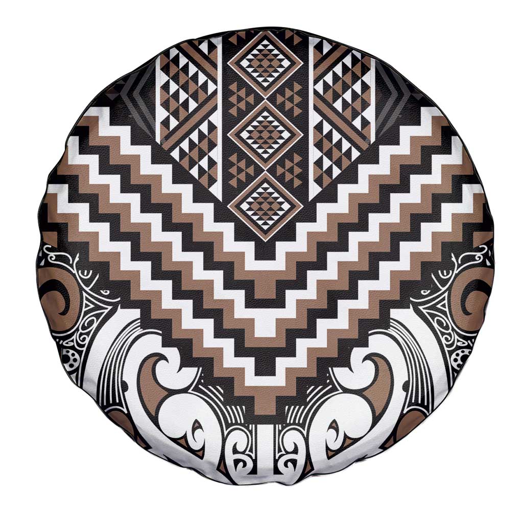 Maori Tukutuku Taniko Motifs Spare Tire Cover Brown Poutama Mix Kowhaiwhai