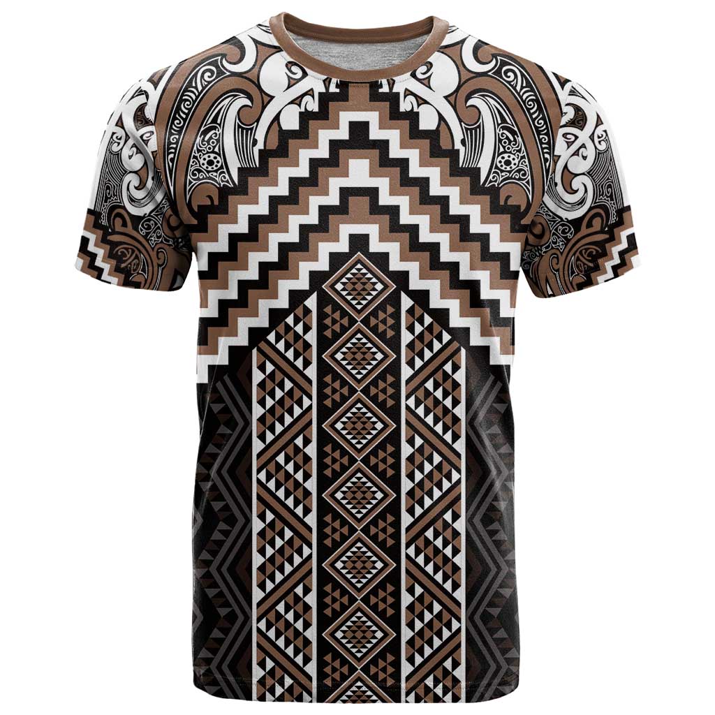 Maori Tukutuku Taniko Motifs T Shirt Brown Poutama Mix Kowhaiwhai