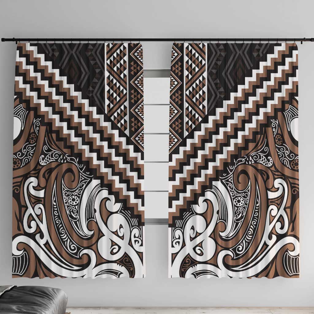 Maori Tukutuku Taniko Motifs Window Curtain Brown Poutama Mix Kowhaiwhai