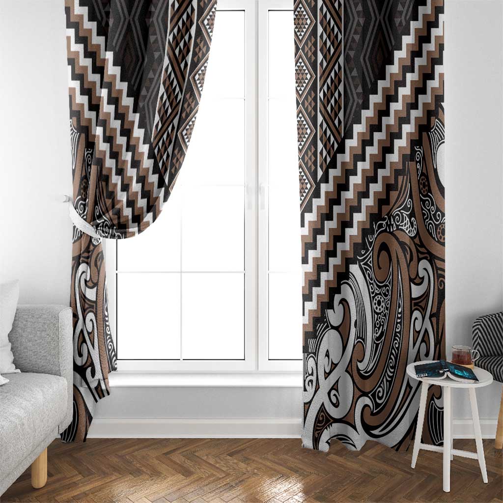 Maori Tukutuku Taniko Motifs Window Curtain Brown Poutama Mix Kowhaiwhai