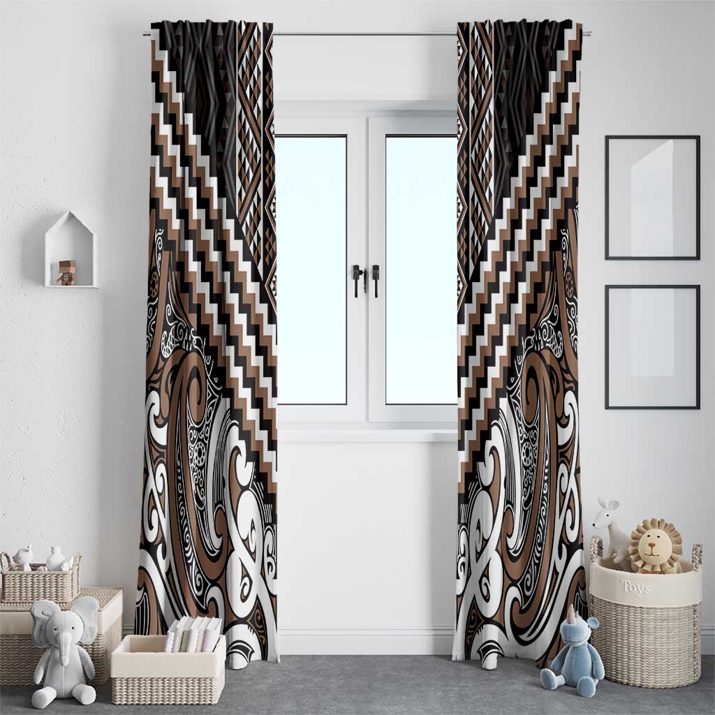 Maori Tukutuku Taniko Motifs Window Curtain Brown Poutama Mix Kowhaiwhai