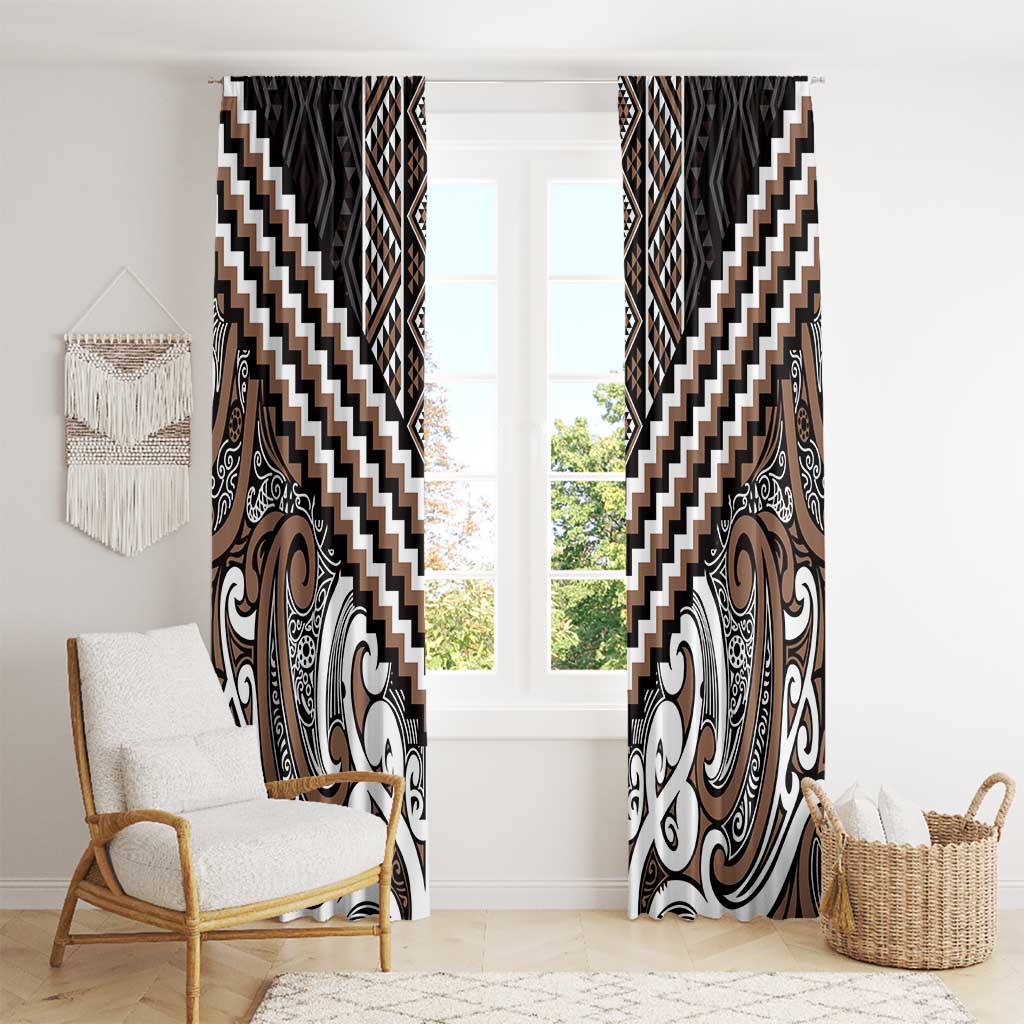Maori Tukutuku Taniko Motifs Window Curtain Brown Poutama Mix Kowhaiwhai